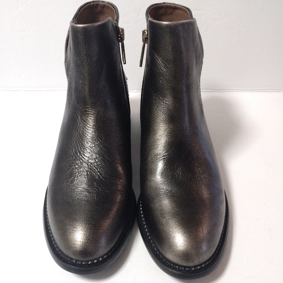 Franco Sarto Women's Happily Ankle Gold Leather Almond Toe Stacked Heel Booties - Picture 3 of 12